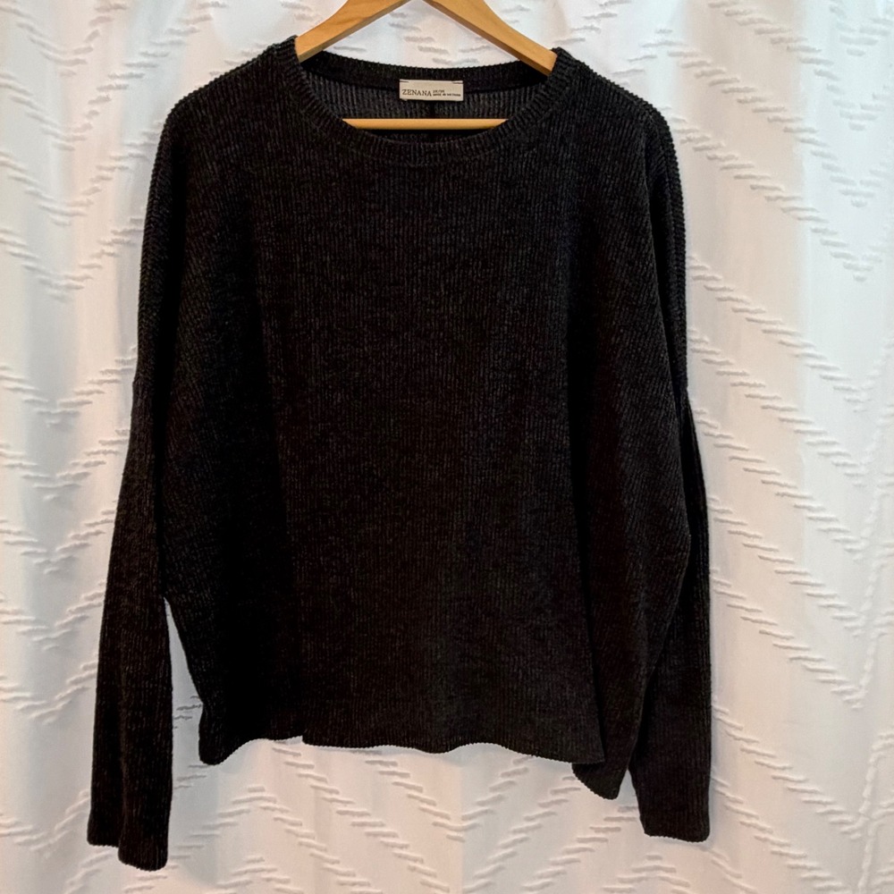 Zenana Charcoal Gray Ribbed Crew Neck Oversized Sweater 2X 3X HT-2182XG3
